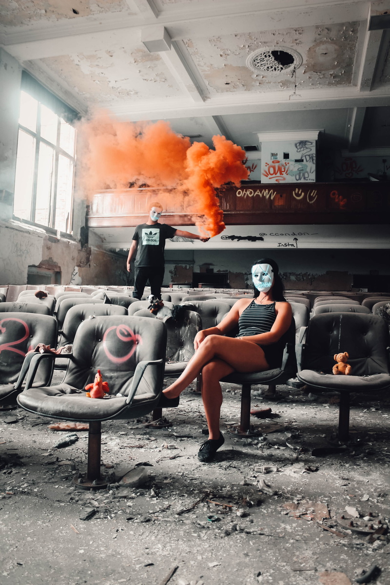old, anarchy, chair, creepy, smoke bomb, lifestyles, men, burning, rebel, females, smoke, theater, 2K, abandoned, indoors, heat - Temperature, one Person