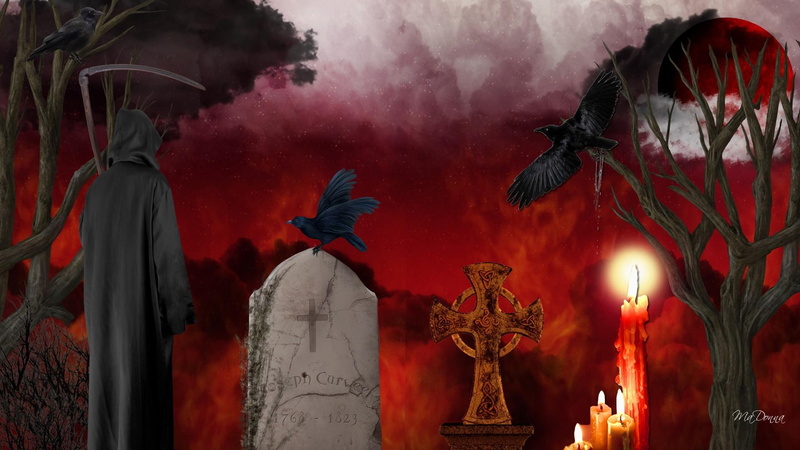 reaper, grave stones, dark, red moon, goth, graveya, light, 1080P, gothic, ravens, halloween, cemetery, mysterious, darkness