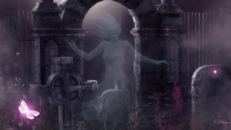 celtic, glow, spirit, ghost, goth gothic, fantasy, graveyard, head stones, graves, halloween, 1080P, butterflies, woman