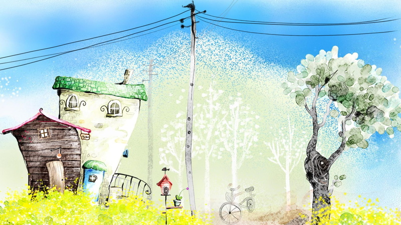 1080P, tilted, 3d and abs, post, country, telephone poles, buildings, trees, artistic, persona, residential, near, tree, street, flowers, illustration