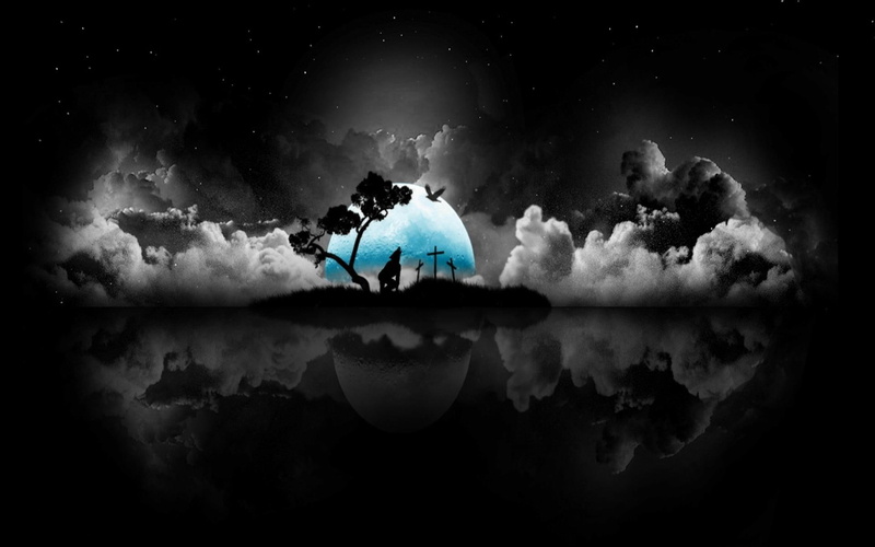 clouds, wolf, moon, earth, cemetry, 3d and abstract, illustration, silhouette, space, 1080P, howling, night, dark