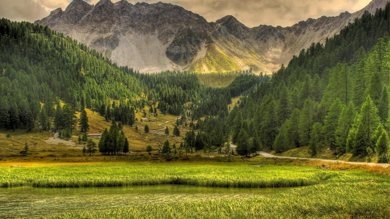 houses, going, 3d and abstract, road, hdr, lake, mountain, 1080P