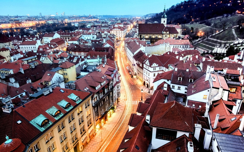 house, Prague, Buildings, City, white, painted, brown, Night, Houses, Light, 1080P, Road