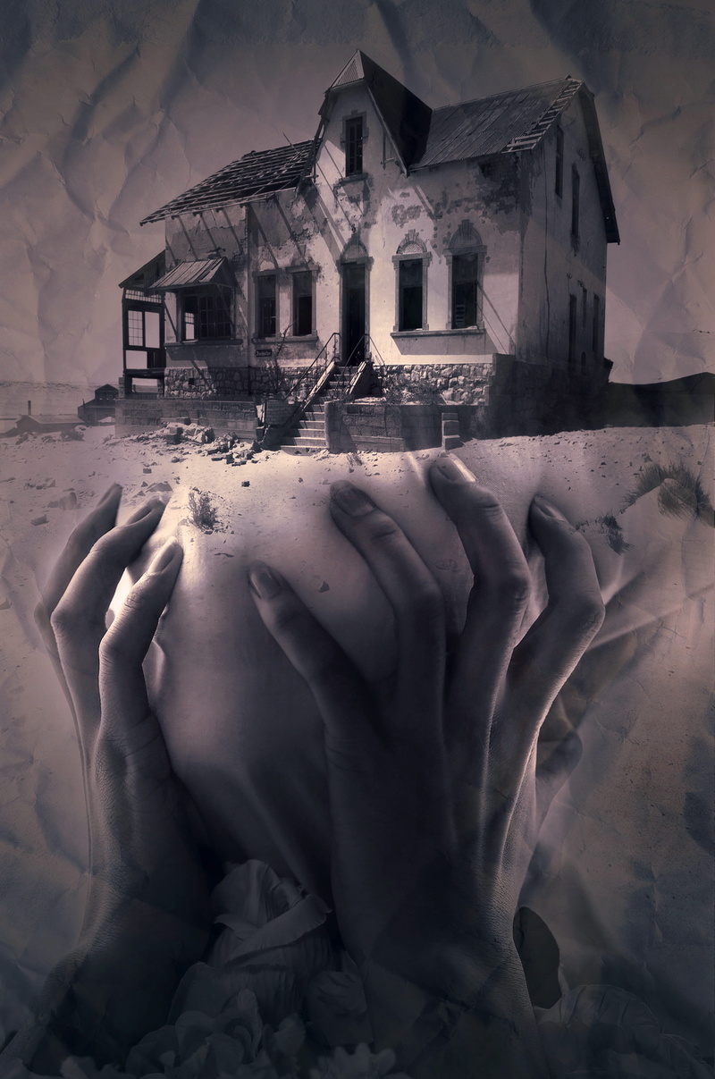 one person, hand, leisure activity, weathered, old, body part, atmosphere, broken, home, s, building exterior, digital composite, adult, magic, gloomy