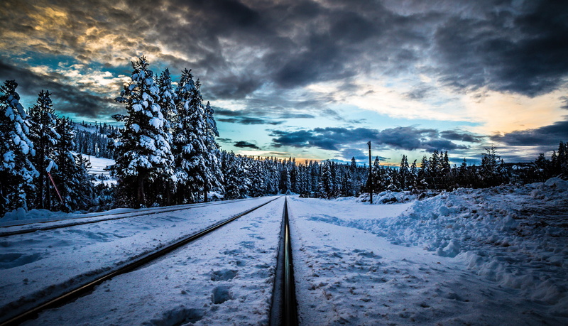 rails, winter, railway, trees, forest, snow, sunset, 2K, clouds