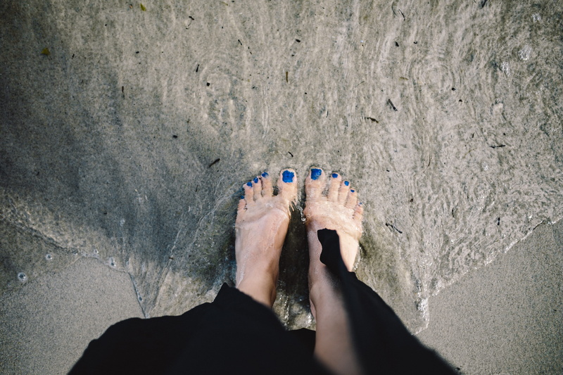 CLOSEUP, day, directly above, leisure activity, high angle view, body part, real people, adults only, feet, woman, human leg, ocean, person, calm, coast