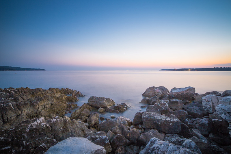 scenics - nature, 4K, tranquil Scene, sea, sky, landscape, tranquility, sunrise, land, blue, horizon, solid, rocky coastline, beach, water, dusk, outdoors