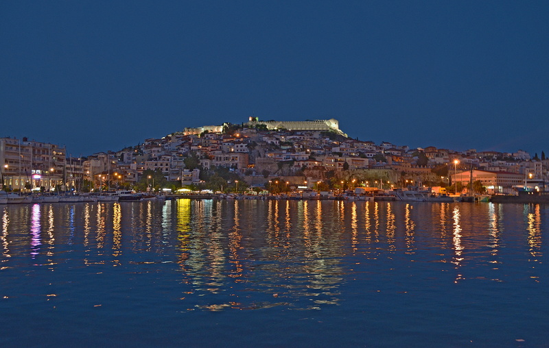 nightlife, architecture, outdoors, travel destinations, sky, house, building, city, land, castle, building exterior, kavala, landscape, night, reflection