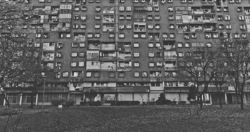 sight, wall, field, 4K, tree, black-and-white, building, plant, land, eerie, housing development, architecture, daylight, windows, house, built structure