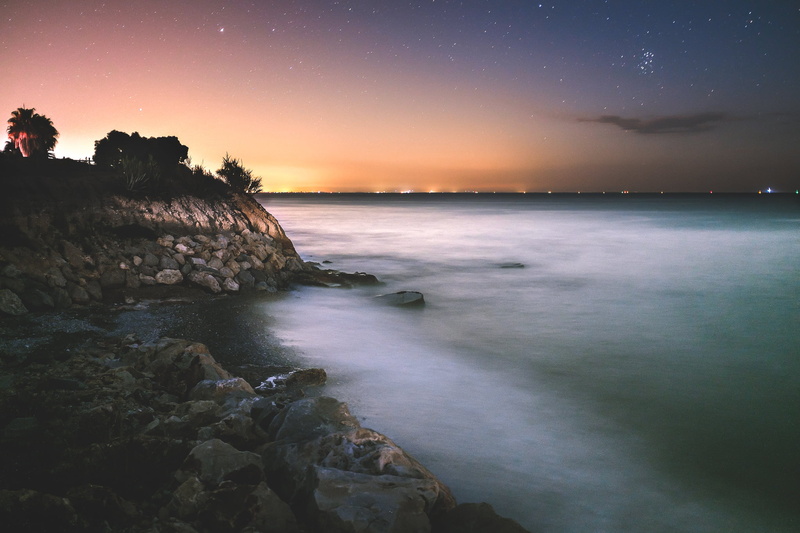 nature, dusk, beside, body of water, landscape, beach, sky, rocks, tarragona, concrete, sunset, coastline, water, body, sea, 1080P, rock - Object, Night