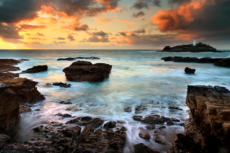 white, 2K, coastline, autumn, landscape, brown, dusk, coast, sunset, water, sea, beach, Hayle  Cornwall, wave, wash, rocks, clouds, Godrevy Lighthouse