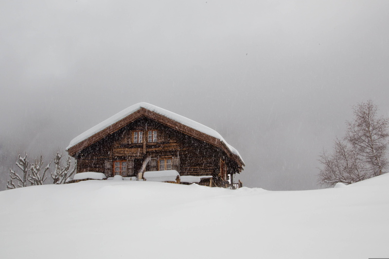 4K, overcast, snowing, winter, cabin, snow