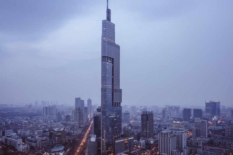 tall - high, residential district, building, outdoors, overcast, office, nanjing shi, zifeng tower, office building exterior, 8K, no people, urban, financial district