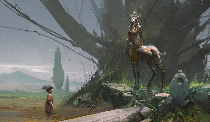fantasy art, landscape, horns, trees, forest, weapon, mythological, creature, Centaur, child, 1080P, fantasy, artwork, mountain, nature, spear, environment