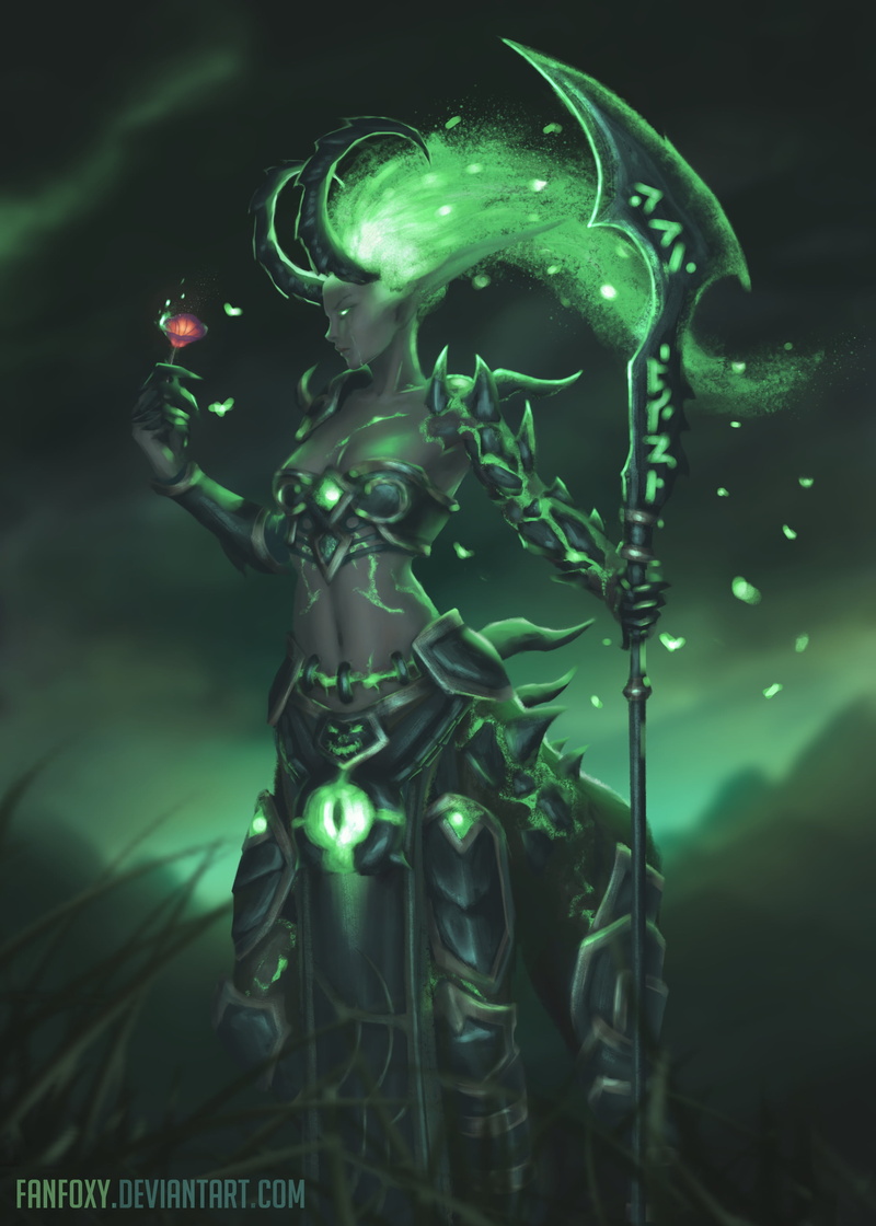 glowing, women, scythe, dark, armor, 2K, Fanfoxy, horns, green, Centaur, fantasy art, weapon, drawing