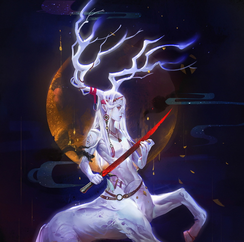 misaki chen, luna, Centaur, fantasy, moon, luminos, art, 1080P, horns