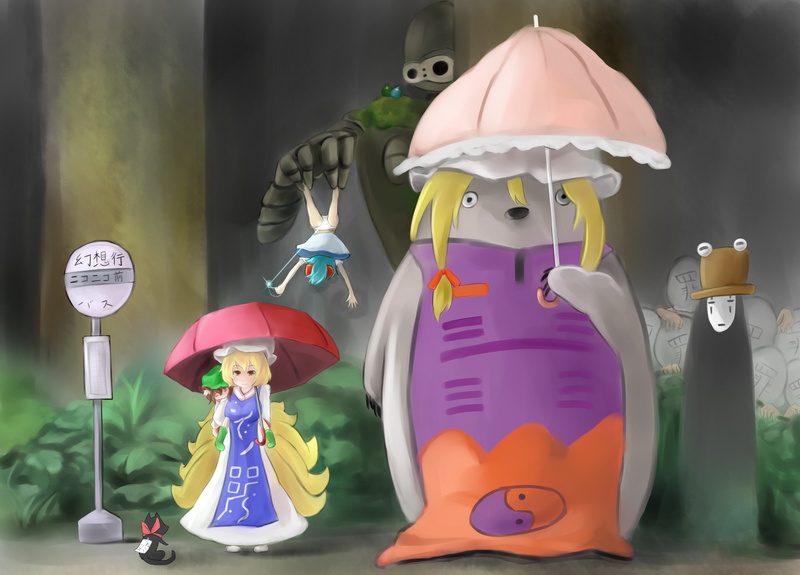 sakamoto, yakumo, ran, 2K, studio, ghibli, nichijou, parody, totoro, touhou, yukari, chen, neighbour