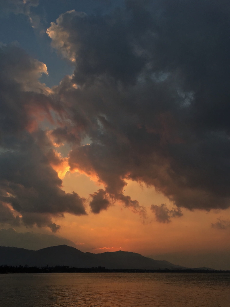nature, outdoors, water, sun, 1080P, thailand, tranquil scene, clouds, idyllic, non-urban scene, evening, mountain range, silhouette, beach, sea, orange color