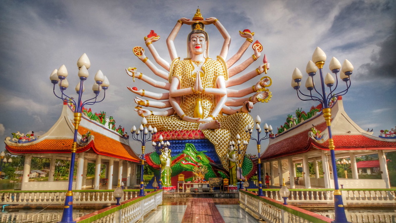 belief, male likeness, wat plai laem, building exterior, architecture, statue, built structure, 2K, gold, art and craft, creativity, thailand, nature