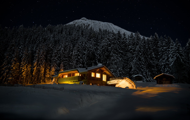darkness, covered, wooden, illuminated, building exterior, cottage, snowcapped mountain, 1080P, landscape, nature, cold temperature, star trails, no people