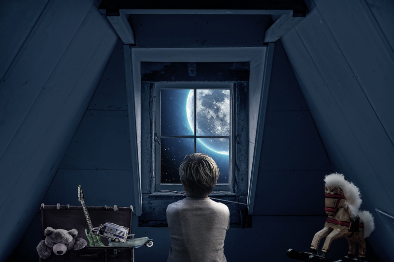 night, one person, lifestyles, person, good night, parked toy, luggage, full moon, teddy bear, sitting, beside, mysterious, memory, childhood memories