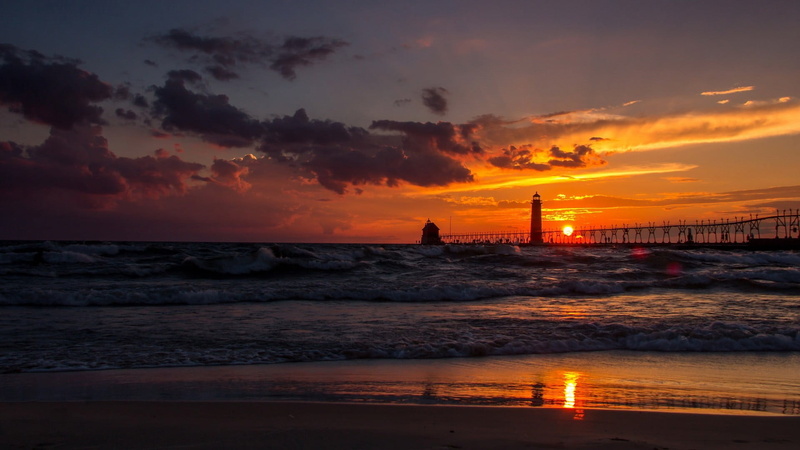 silhouette, water, tranquil scene, outdoors, orange color, coast, sunset, scenics - nature, reflection, Grand Haven, beach, nature, USA, land, Michigan