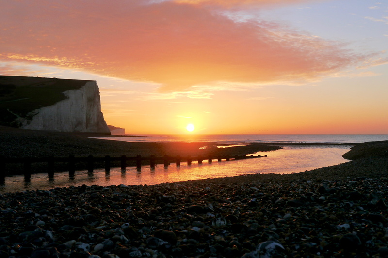 4K, beach, horizon over water, water, sea, cloud - sky, architecture, sunlight, orange color, land, sunset, cliffs, sunrise, sky, scenics - nature, cuckmere haven