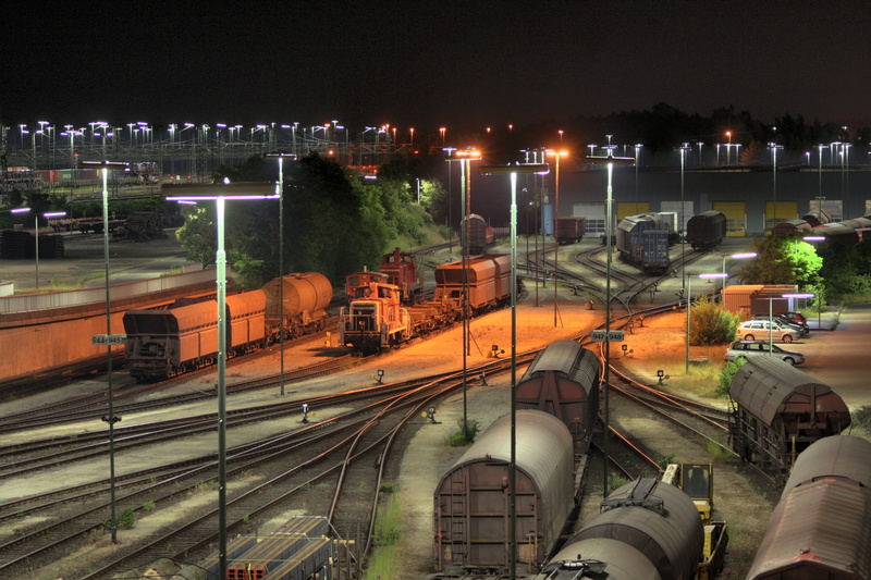 landscape, rail transportation, high angle view, night photograph, 1080P, city, freight trains, track, no people, built structure, outdoors, train - vehicle