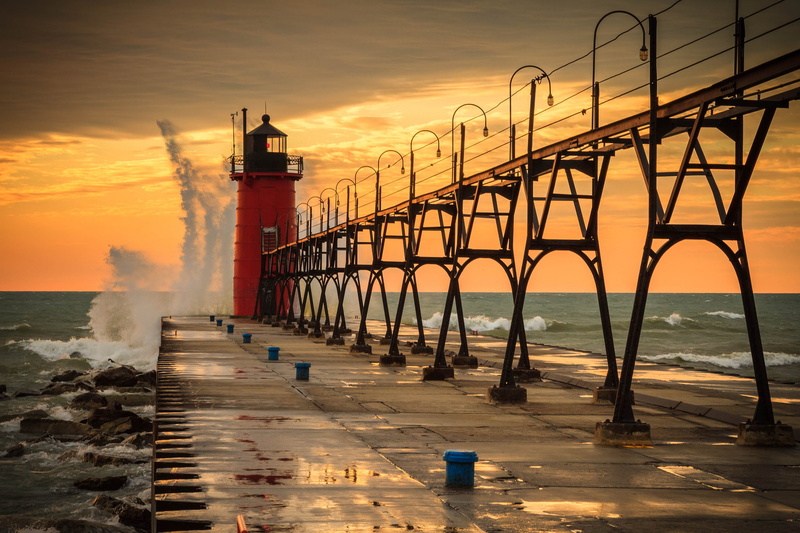 beach, horizon, lighthouse, built structure, lake Michigan, architecture, nature, Michigan, motion, wave, sky, protection, scenics - nature, South Haven