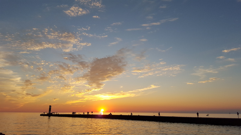 tranquil scene, water, horizon, silhouette, transportation, beauty in nature, no people, south haven, tranquility, orange color, sea, outdoors, sky, sunset