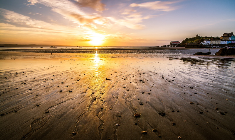 golden, tenby, tranquil scene, uk, nature, no people, summer, low tide, beauty in nature, tranquility, golden hour, holiday, horizon, cloud - sky, vacation