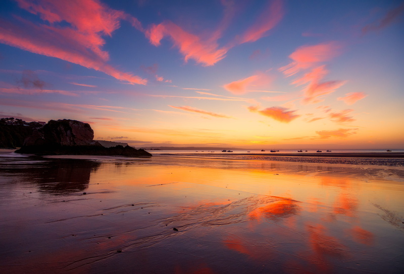 tranquil scene, horizon over water, silhouette, tranquility, pembrokeshire, sky, landscape, orange, cloud - sky, wet sand, fishing, orange color, feel good