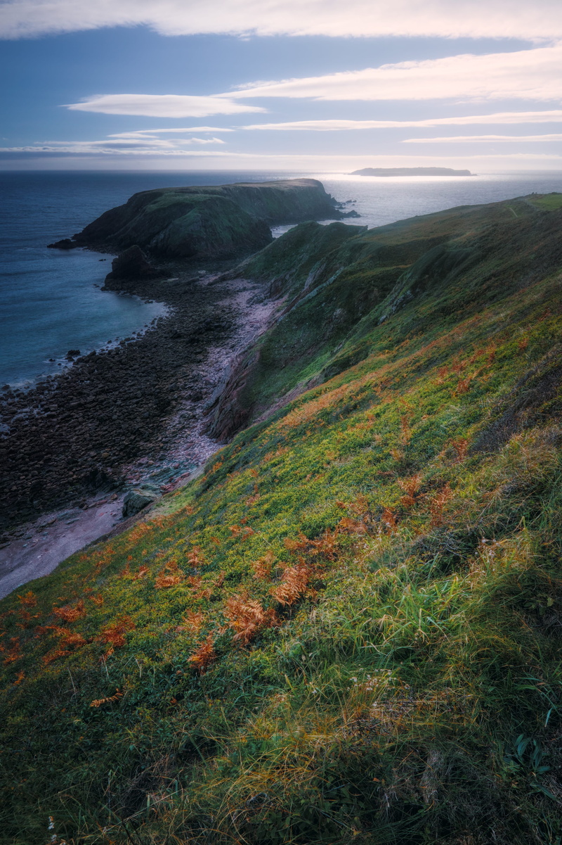 tranquil scene, sky, islands, nature, cliff, outdoors, ocean, sunset, green, daytime, near, growth, plant, promontory, land, pembrokeshire, beach, marloes