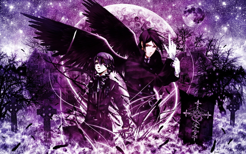 young women, ciel, costume, auto post production filter, outdoors, kuroshitsuji, three quarter length, witch, night, dark wings, front view, Anime, low angle view