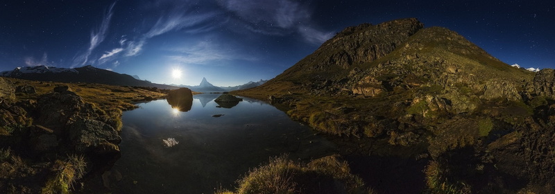 nature, stars, lake, night, 1080P, mountains, panoramas, landscape, moonlight, Alps, Moon