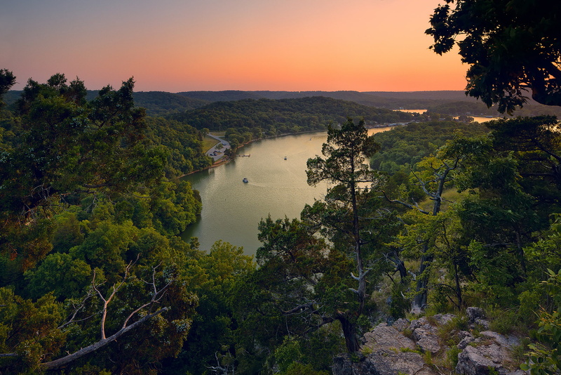 sunset, lake, panorama, green, trees, nature, 1080P, forest, leafed, Lake of the Ozarks