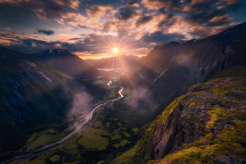 nature, sunlight, sky, lens flare, mountains, mountain range, tranquility, cloud - sky, land, landscape, remote, environment, sunset, idyllic, panorama