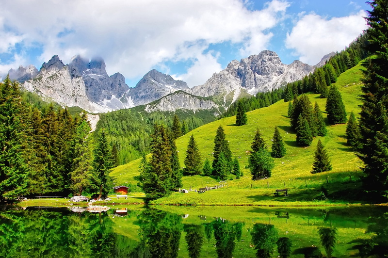 mountain range, mountains, day, coniferous tree, tranquil scene, tranquility, non-urban scene, clouds, snowcapped mountain, environment, landscape, summer