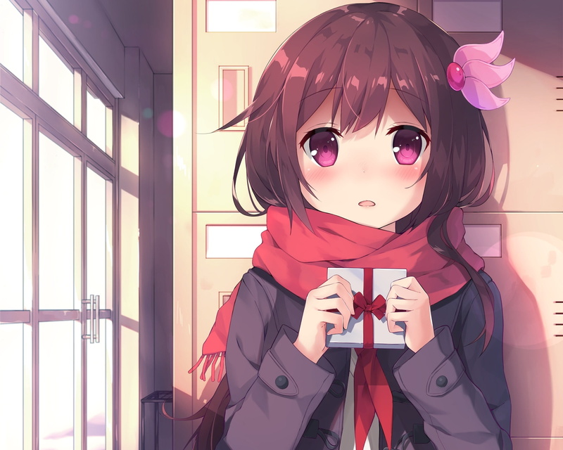 Anime, glasses, portrait, standing, front view, childhood, red scarf, innocence, valentines day 2017, lifestyles, 1080P, girls, women, leisure activity