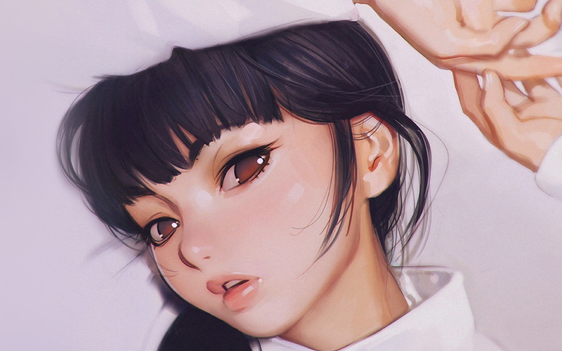 young adult, 4K, one person, hair, hairstyle, human face, women, shy, beautiful woman, child, illustration, indoors, close-up, kuvshinov, young women