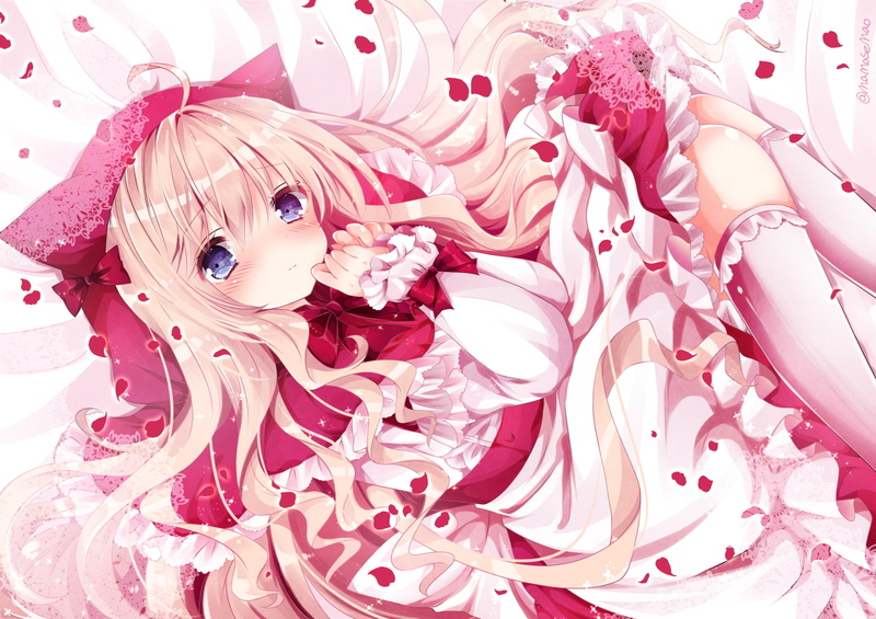 shy expression, anime girl, indoors, close-up, high angle view, looking at camera, pink color, still life, cute, real people, lying down, pink hair, dress