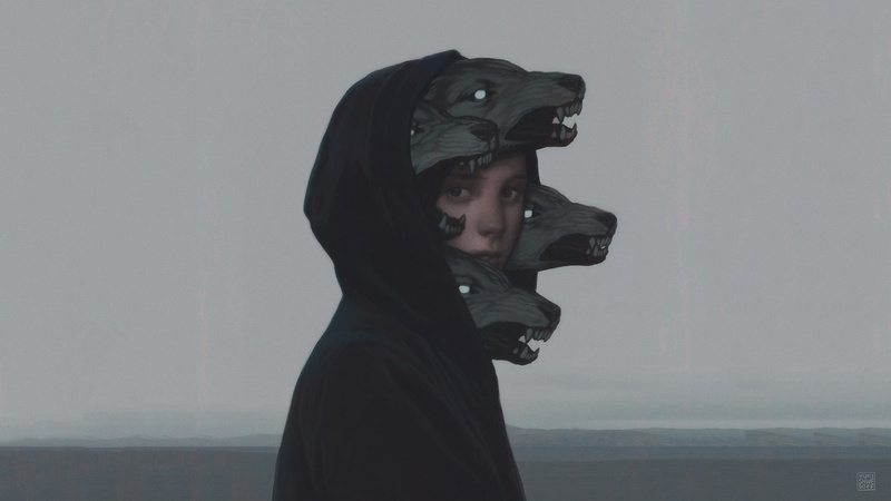 standing, lifestyles, hoodie, young men, artwork, headshot, obscured face, Scylla, 1080P, shy, teenager, wolf, clothing, leisure activity, one person