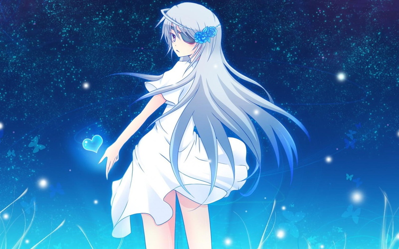 white-hair, haired, white-dress, gray, anime-girl, 720P, dress, beauty, female, night, heart, like, long-hair, lovely, flowers, character, anime