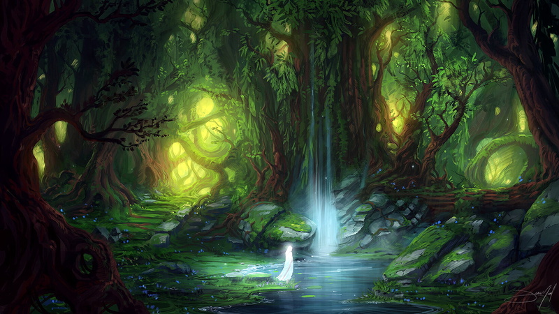 women, artwork, forest, plants, trees, 1080P, white hair, alone, fantasy art, wood, Jorge Jacinto, digital art, pond, dress, water, standing