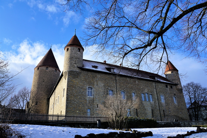 history, swiss, building exterior, tree, narrative, 5K, traditionally, winter, gruyere, place of worship, switzerland, bare tree, roof, travel, building