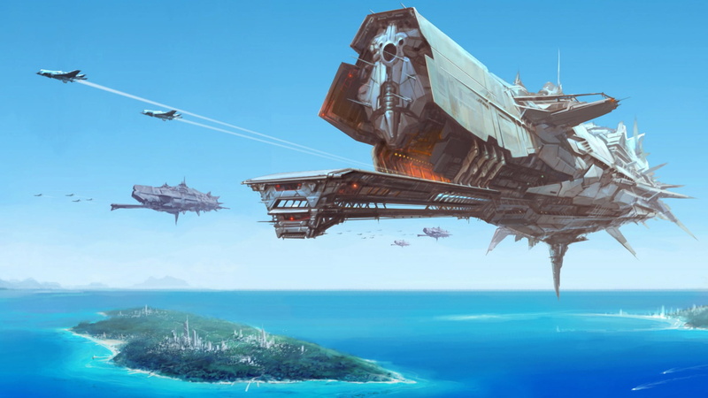 outdoors, island, water, horizon over water, architecture, no people, digital art, fantasy art, aerodrome, sea, aircraft, contrails, nautical vessel, blue