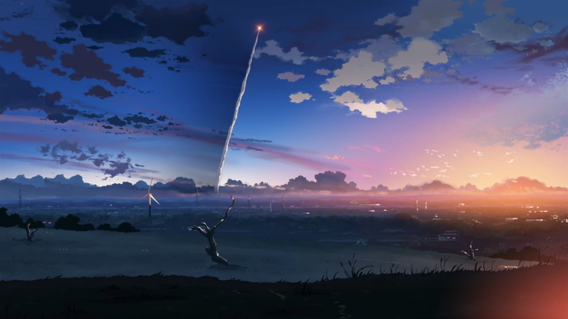 nature, sunlight, non-urban scene, contrails, field, turbines, cloud - sky, plant, silhouette, 1080P, still, landscape, tranquility, 5 Centimeters Per Second