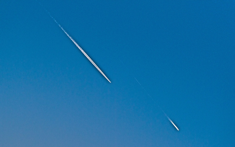 low angle view, flying, transportation, airplane, plane, blue, 1080P, sky, speed, clear sky, contrails, aircraft, mid-air, on the move, no people, travel