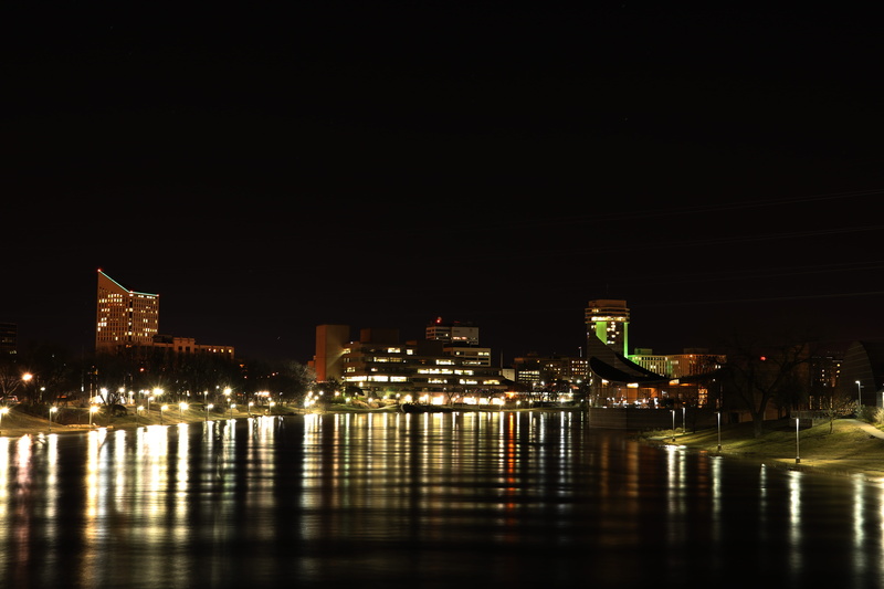 city, built structure, lighting equipment, 5K, long exposure, cityscape, kansas, water, no people, illuminated, smooth water, outdoors, river, wichita