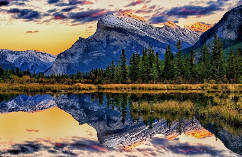 formation, lake, Mount Rundle, 1080P, reflection, tree, Albert, non-urban scene, mountain range, plant, Vermillion Lakes, snow, sunset, scenics - nature